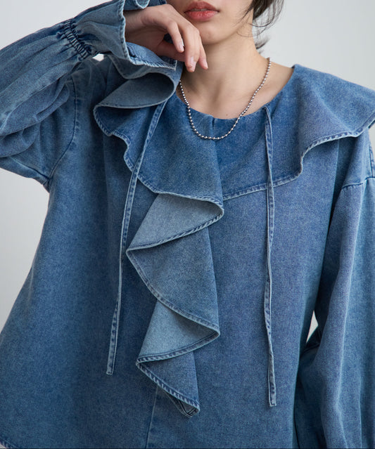 デニムフリルビッグカラーブラウス