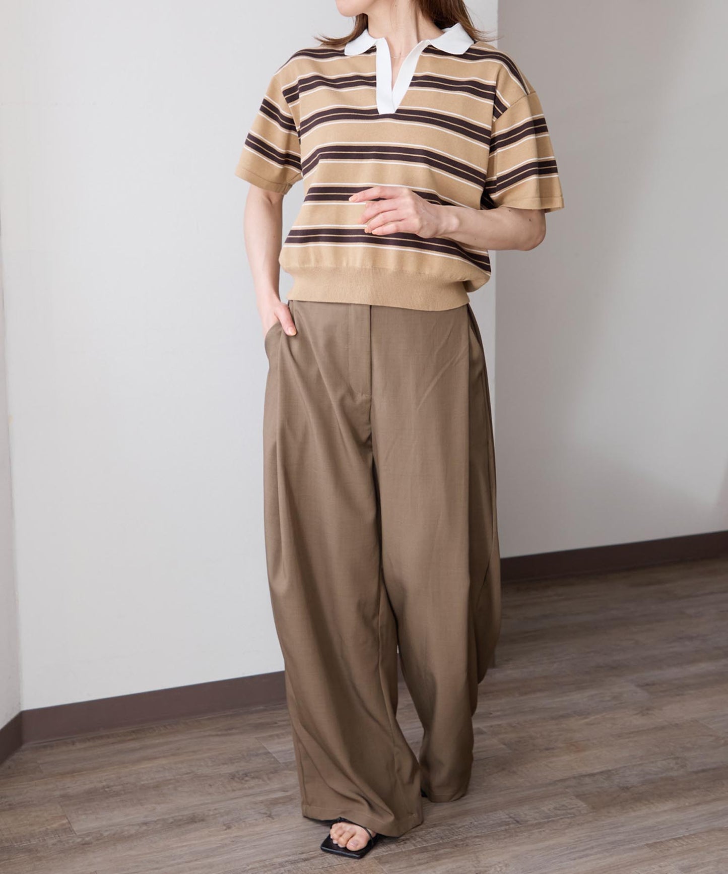 ポロ襟 スキッパー 半袖ニットプルオーバー