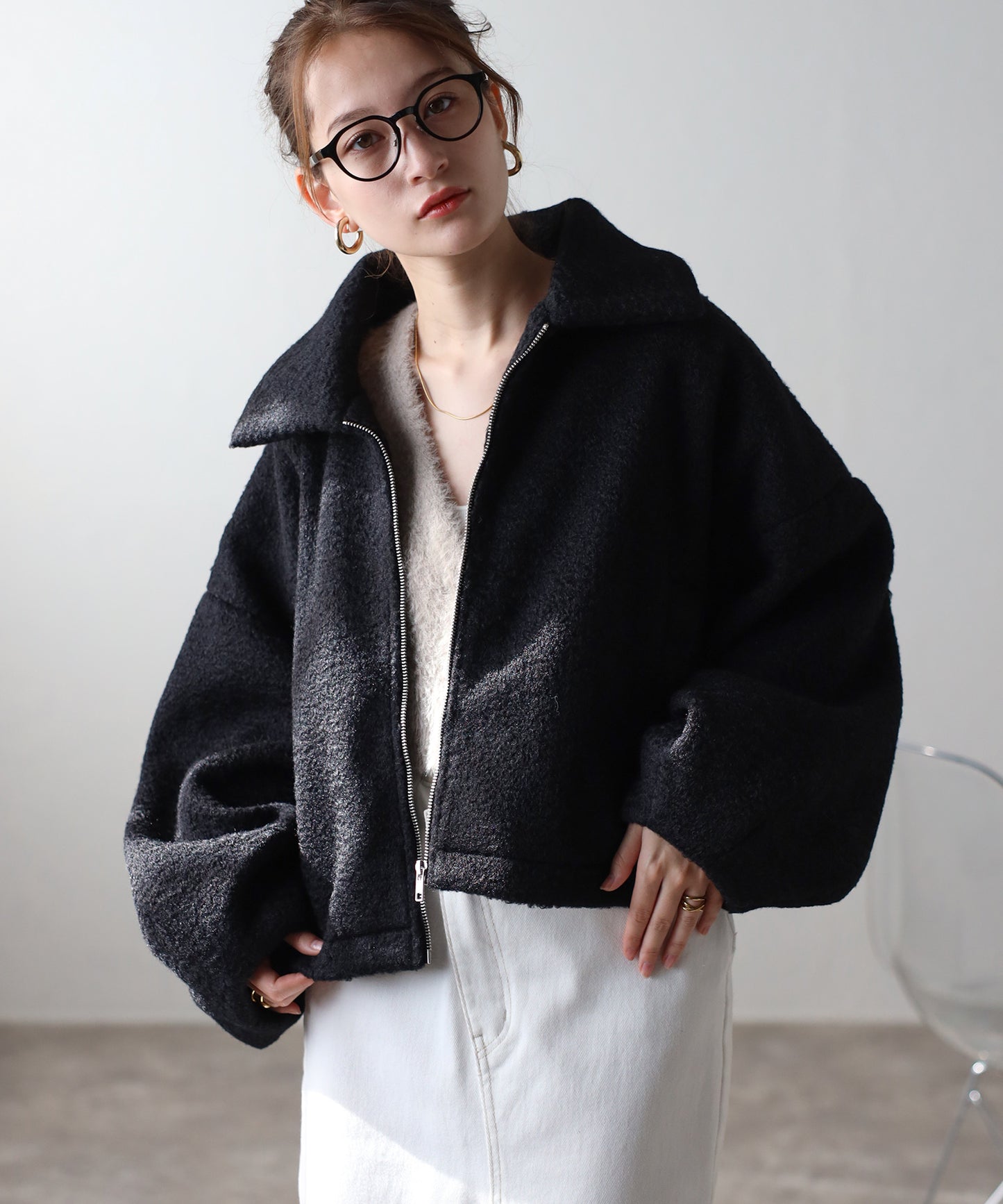 ショート丈 ボリュームスリーブ ボアジャケット