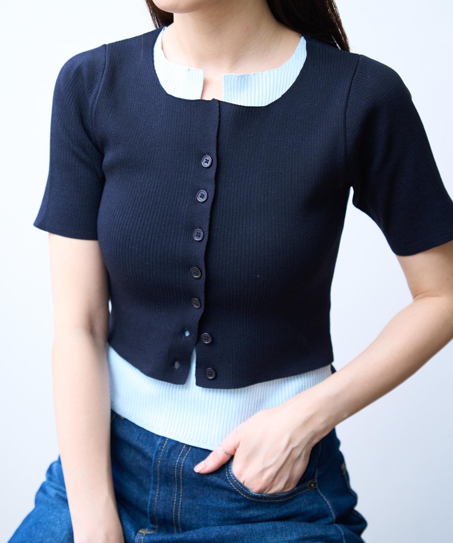 レイヤード風 衿付きサマーニットトップス