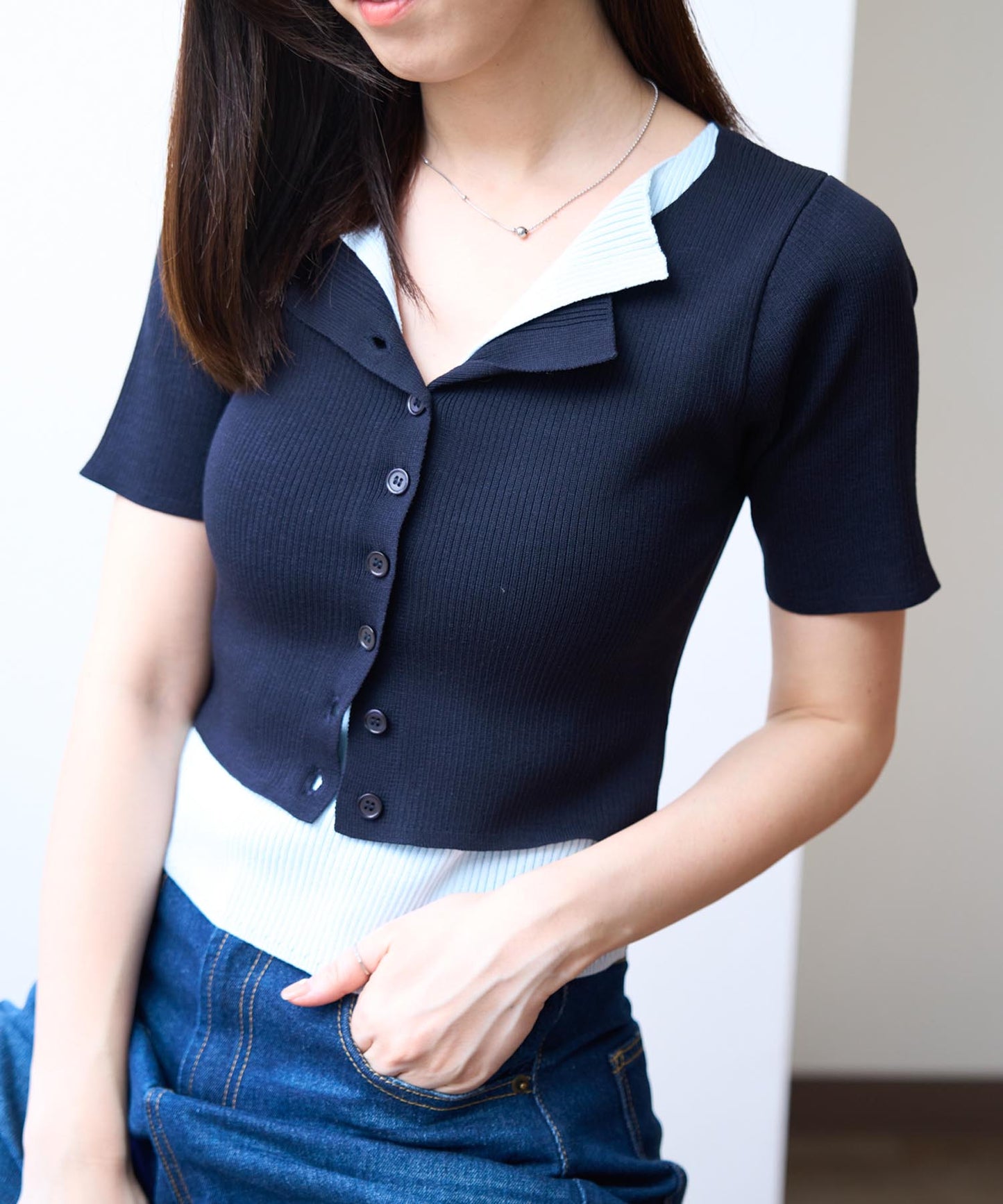 レイヤード風 衿付きサマーニットトップス