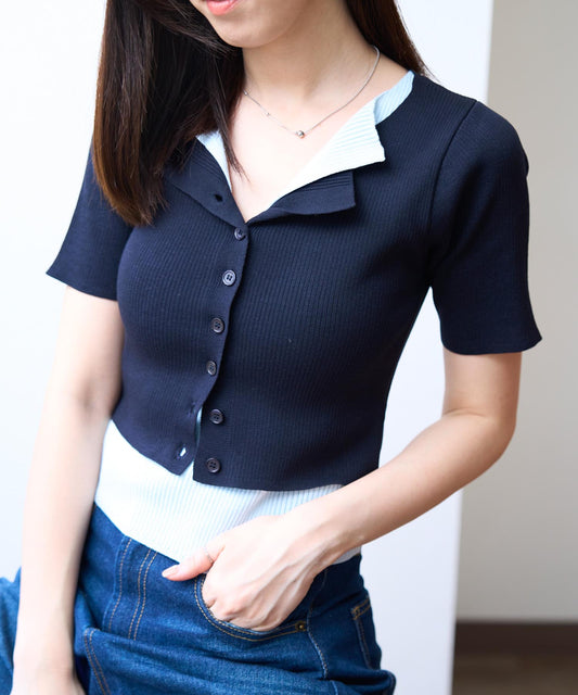 レイヤード風 衿付きサマーニットトップス