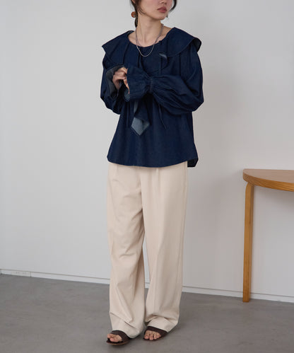 デニムフリルビッグカラーブラウス