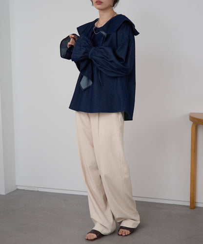 デニムフリルビッグカラーブラウス