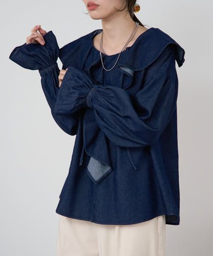 デニムフリルビッグカラーブラウス