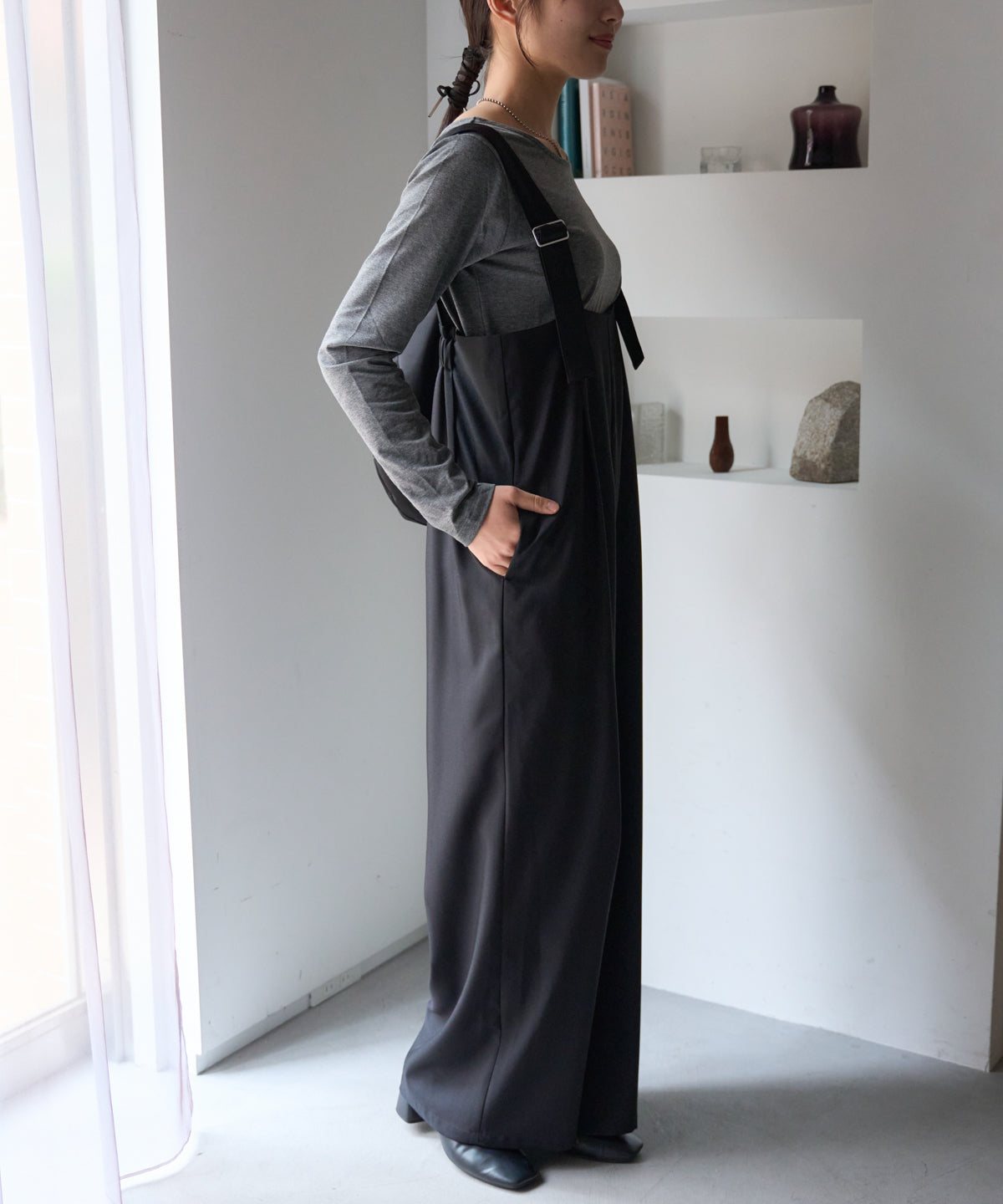 ハイウエストタックワイドパンツ/セットアップ