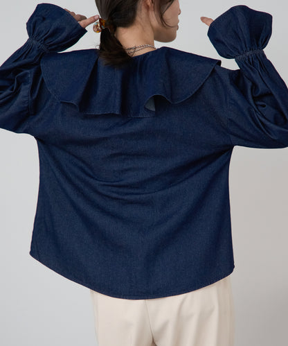 デニムフリルビッグカラーブラウス