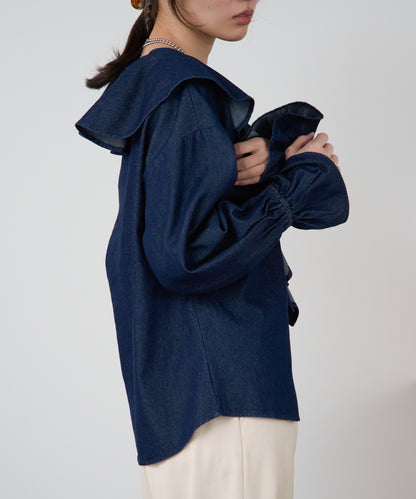 デニムフリルビッグカラーブラウス