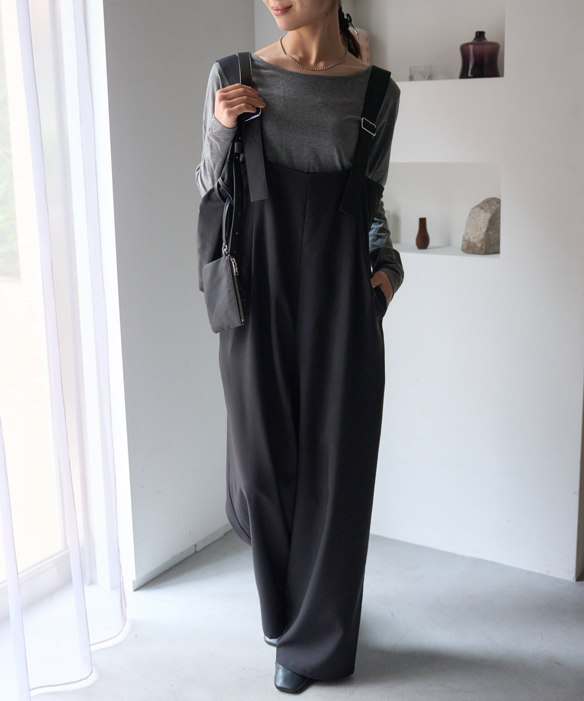 ハイウエストタックワイドパンツ/セットアップ