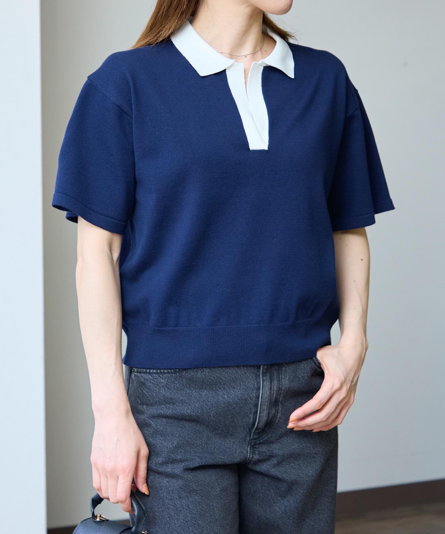ポロ襟 スキッパー 半袖ニットプルオーバー