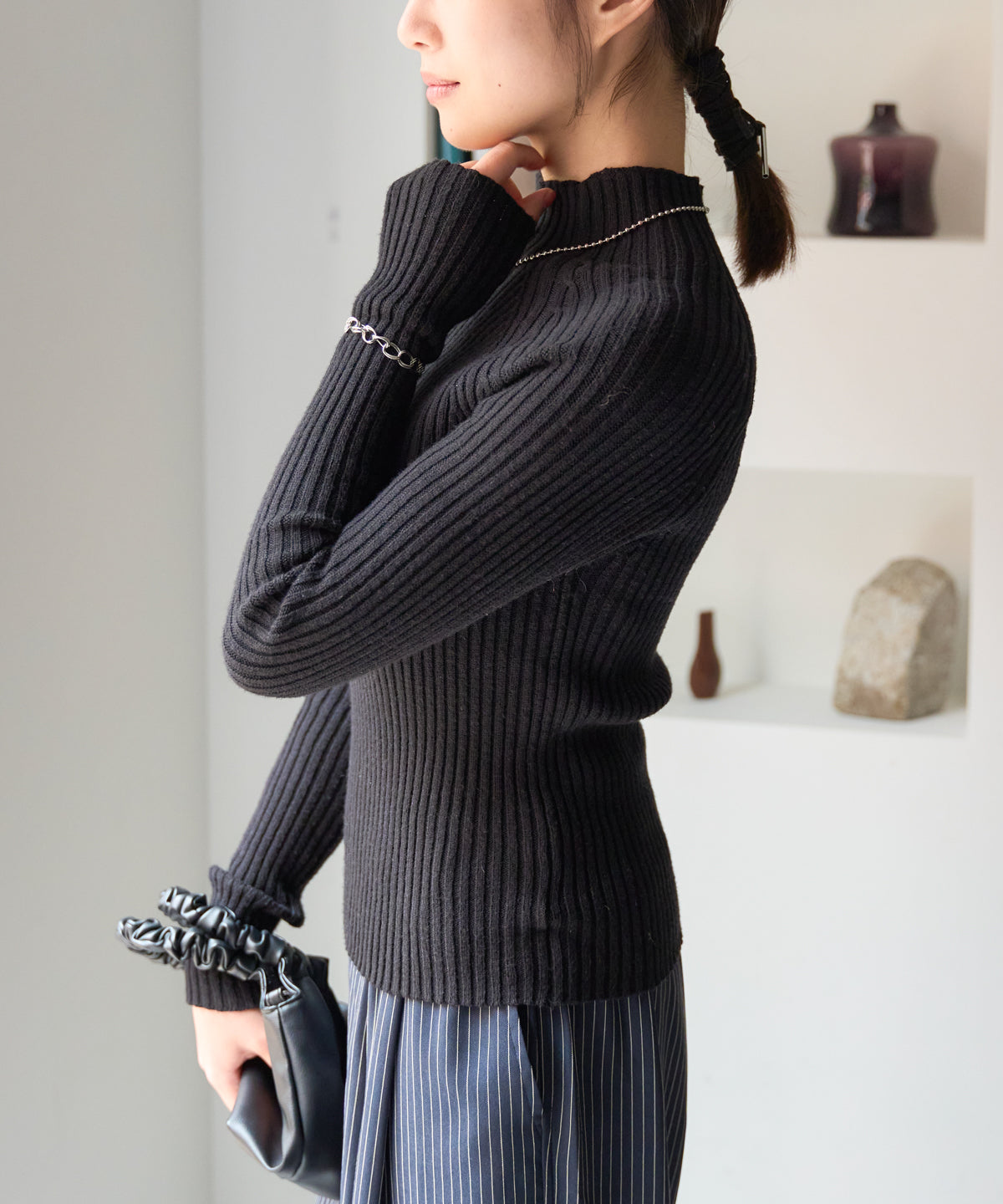 ボトルネックリブニットプルオーバー