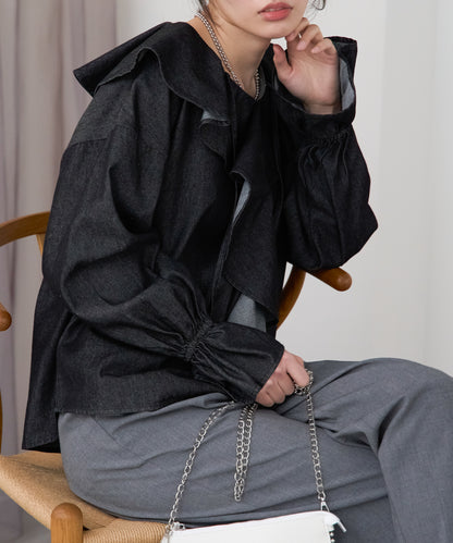 デニムフリルビッグカラーブラウス