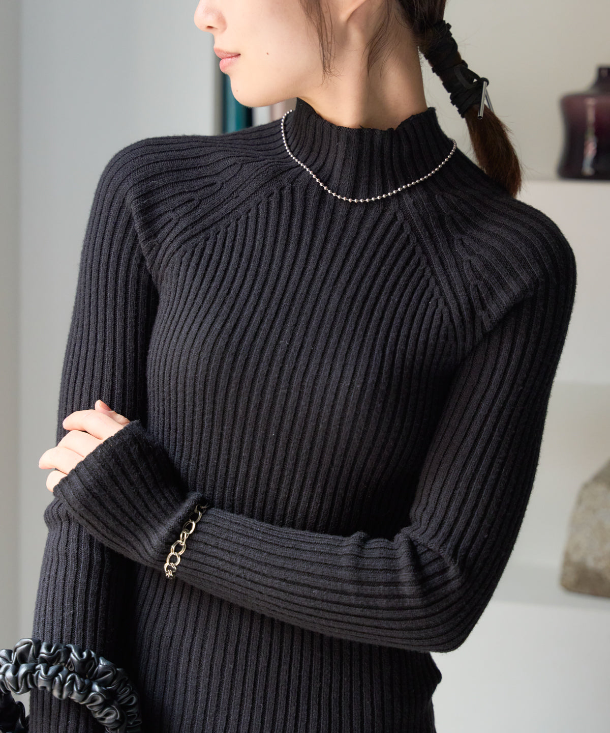 ボトルネックリブニットプルオーバー