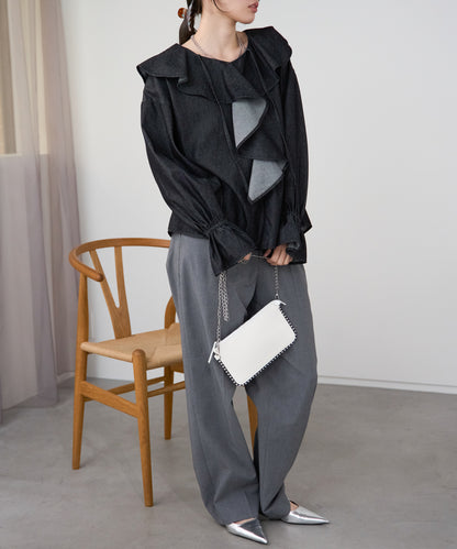 デニムフリルビッグカラーブラウス