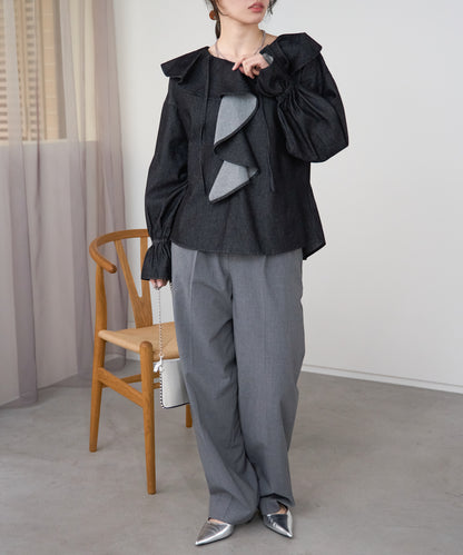 デニムフリルビッグカラーブラウス