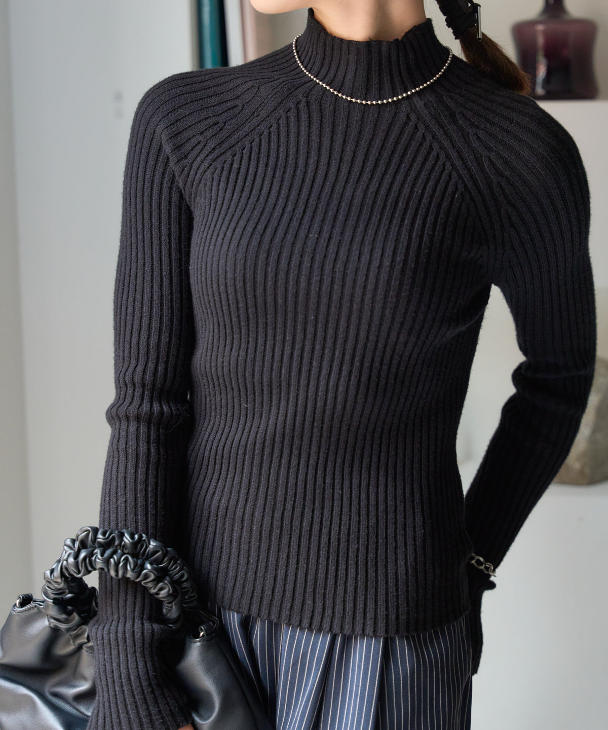 ボトルネックリブニットプルオーバー