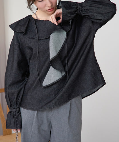 デニムフリルビッグカラーブラウス