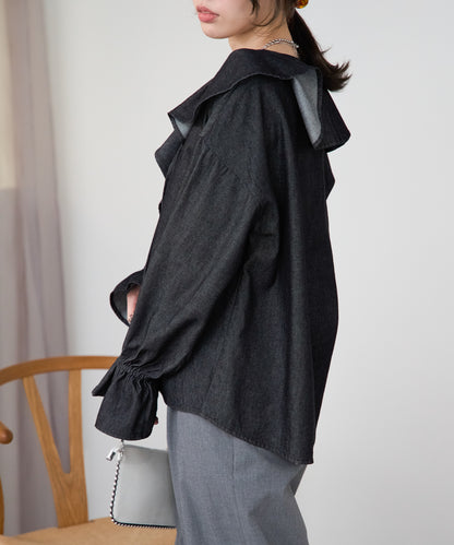 デニムフリルビッグカラーブラウス