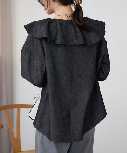 デニムフリルビッグカラーブラウス