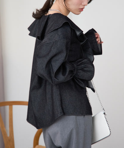 デニムフリルビッグカラーブラウス