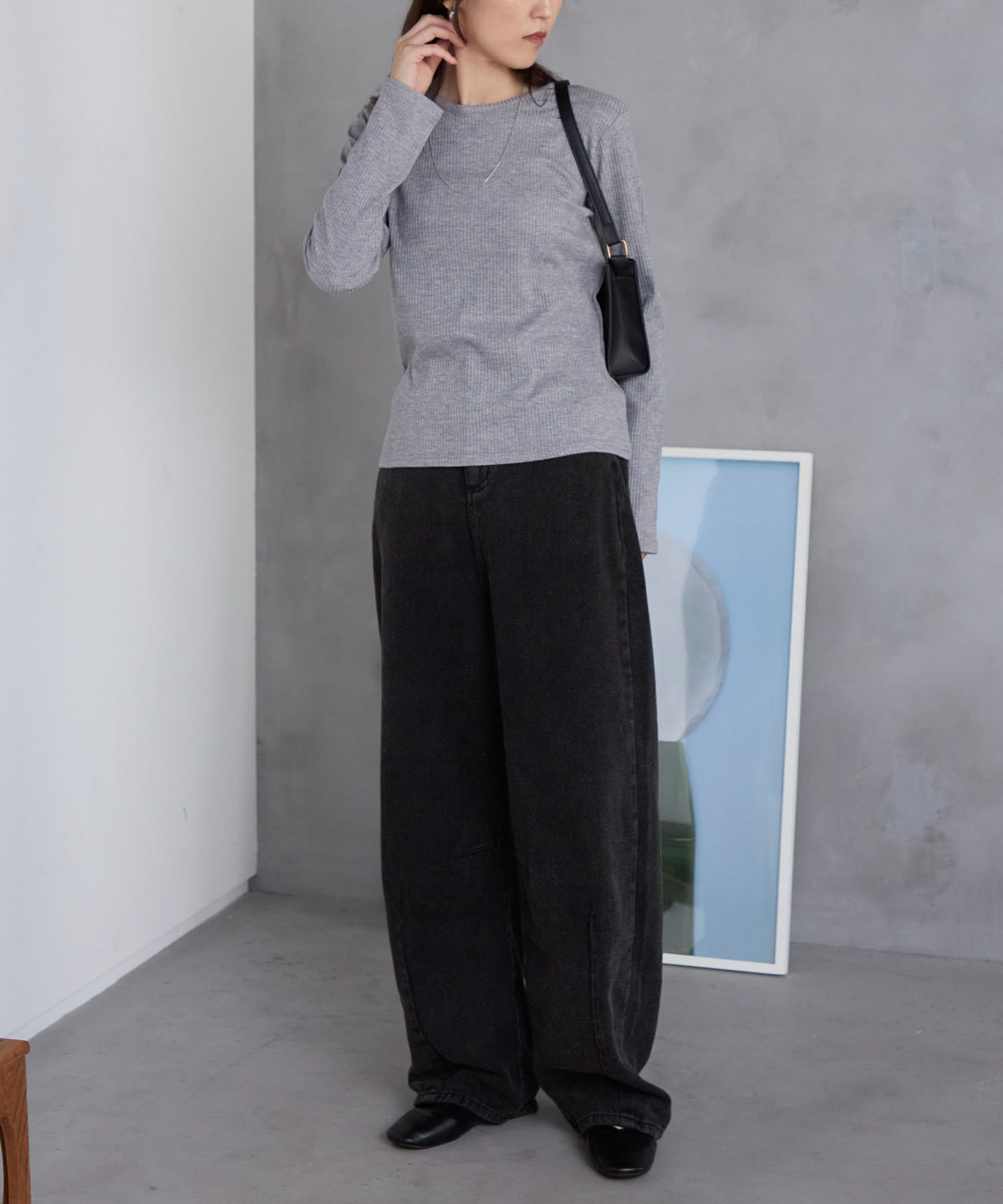 ラメテレコリブ長袖トップス