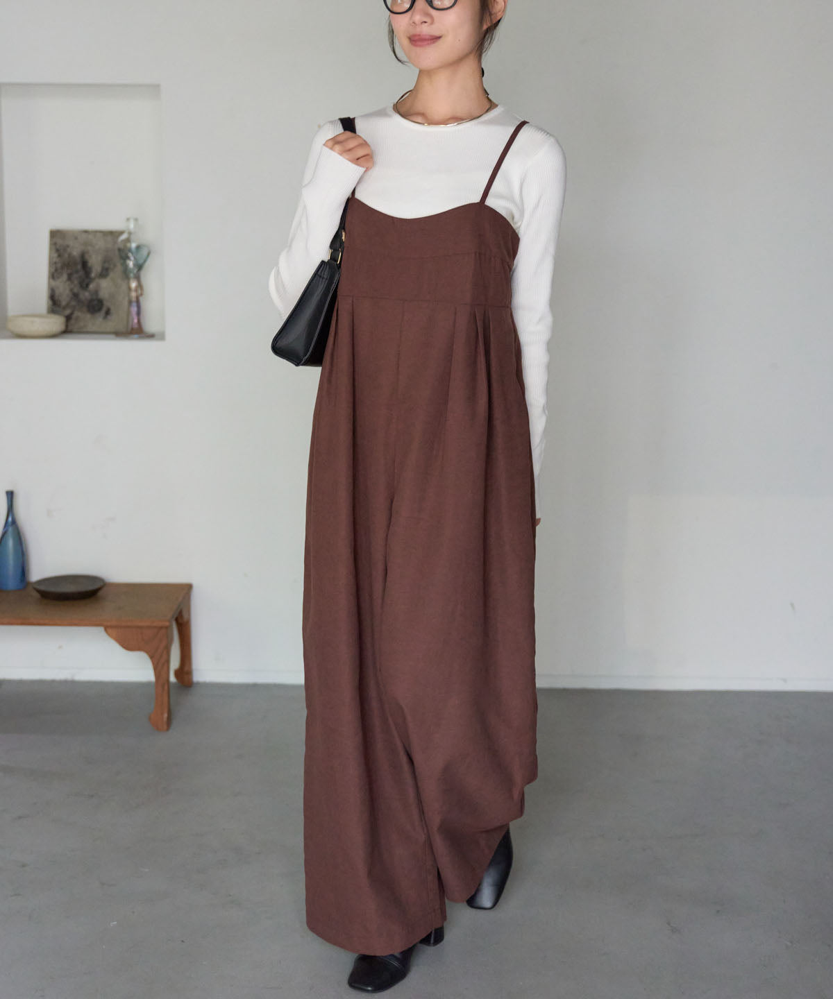 マットサテン タックワイドサロペット