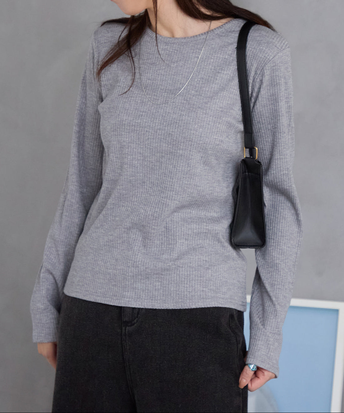 ラメテレコリブ長袖トップス