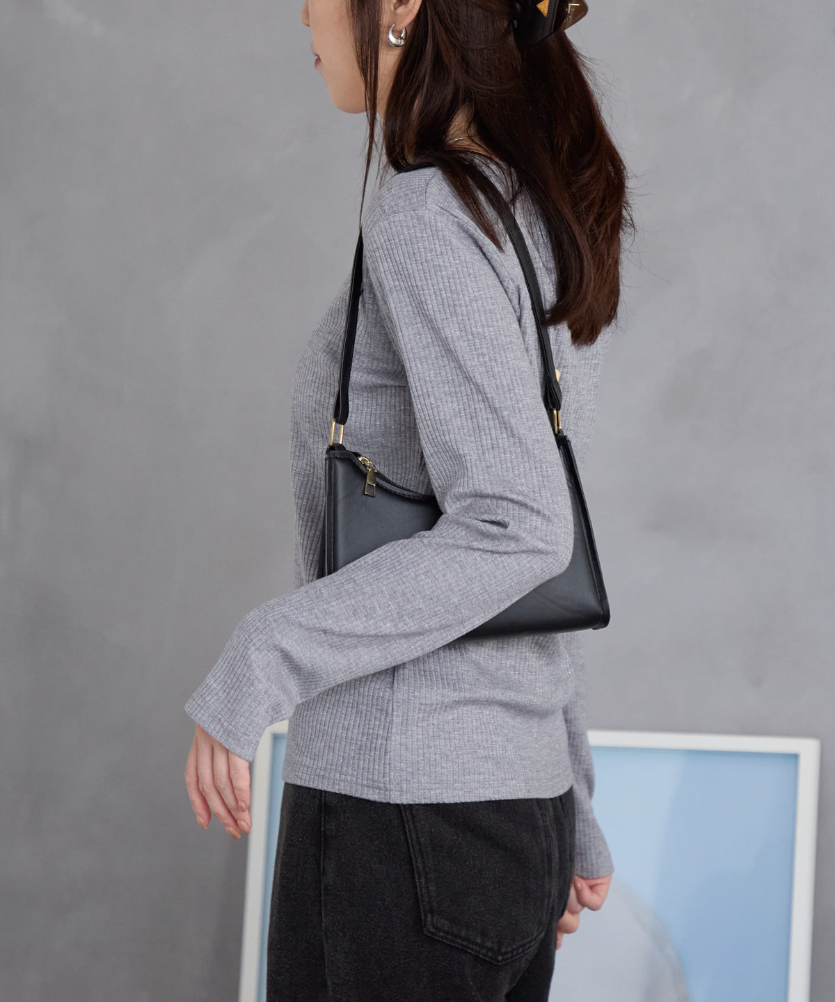 ラメテレコリブ長袖トップス