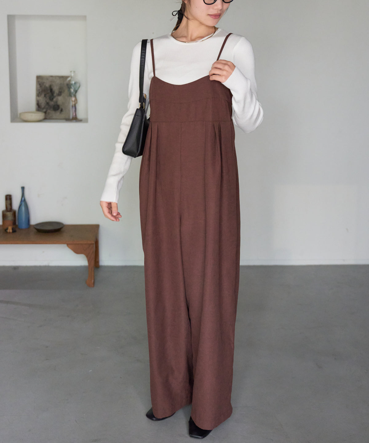 マットサテン タックワイドサロペット