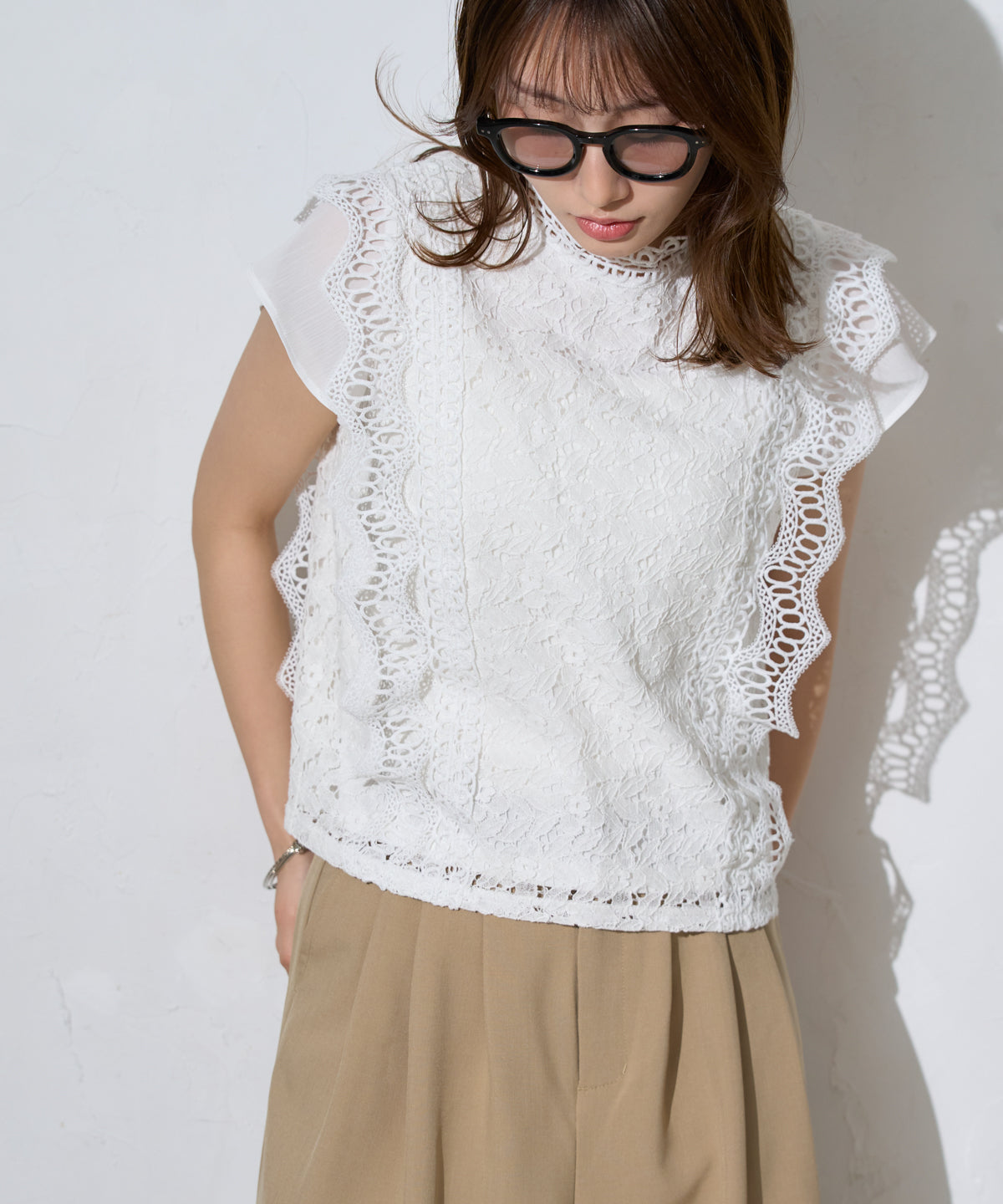 レースフレンチスリーブブラウス/ノースリーブ