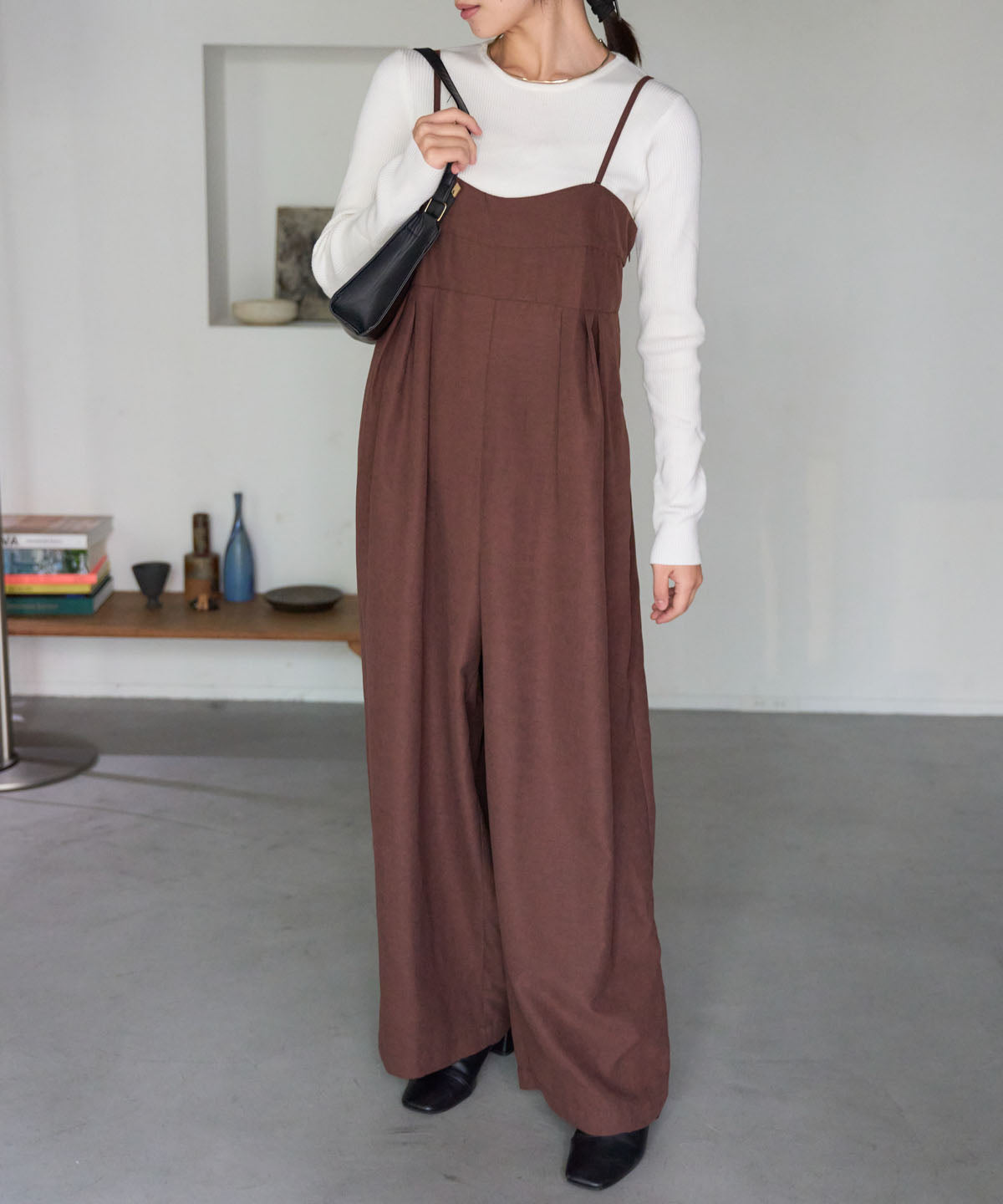 マットサテン タックワイドサロペット