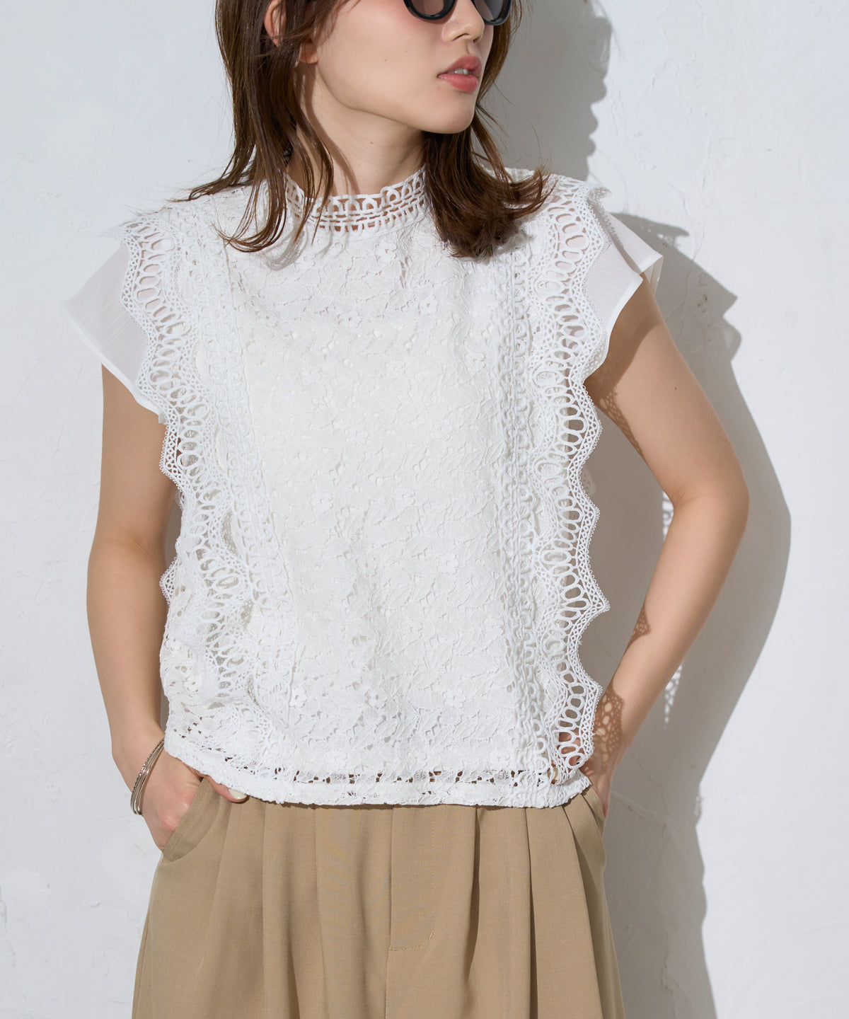 レースフレンチスリーブブラウス/ノースリーブ
