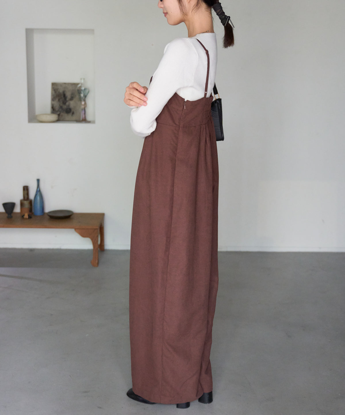 マットサテン タックワイドサロペット