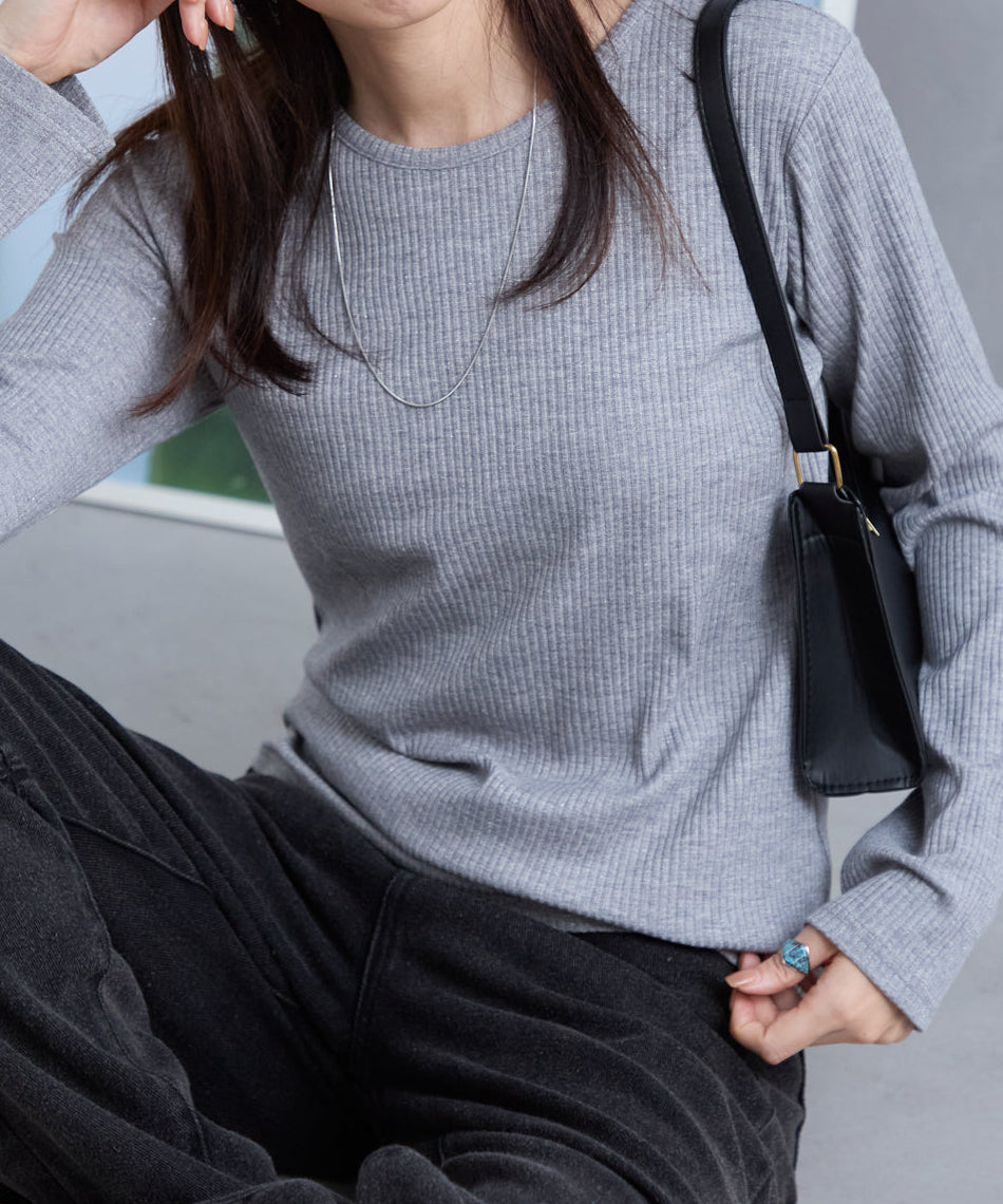 ラメテレコリブ長袖トップス