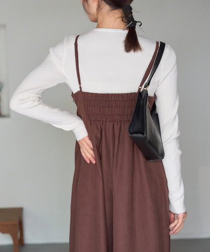 マットサテン タックワイドサロペット