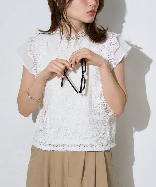 レースフレンチスリーブブラウス/ノースリーブ
