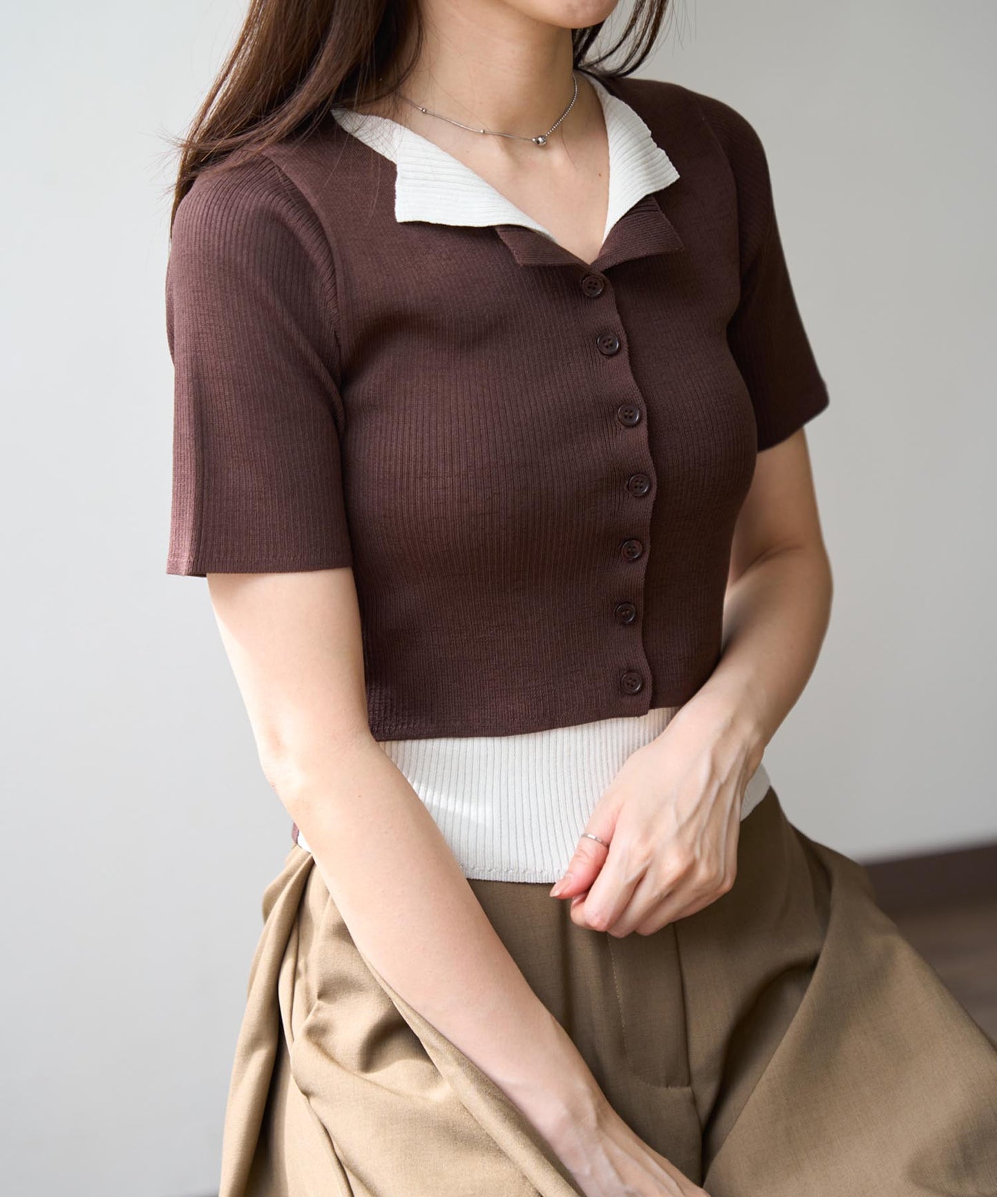 レイヤード風 衿付きサマーニットトップス