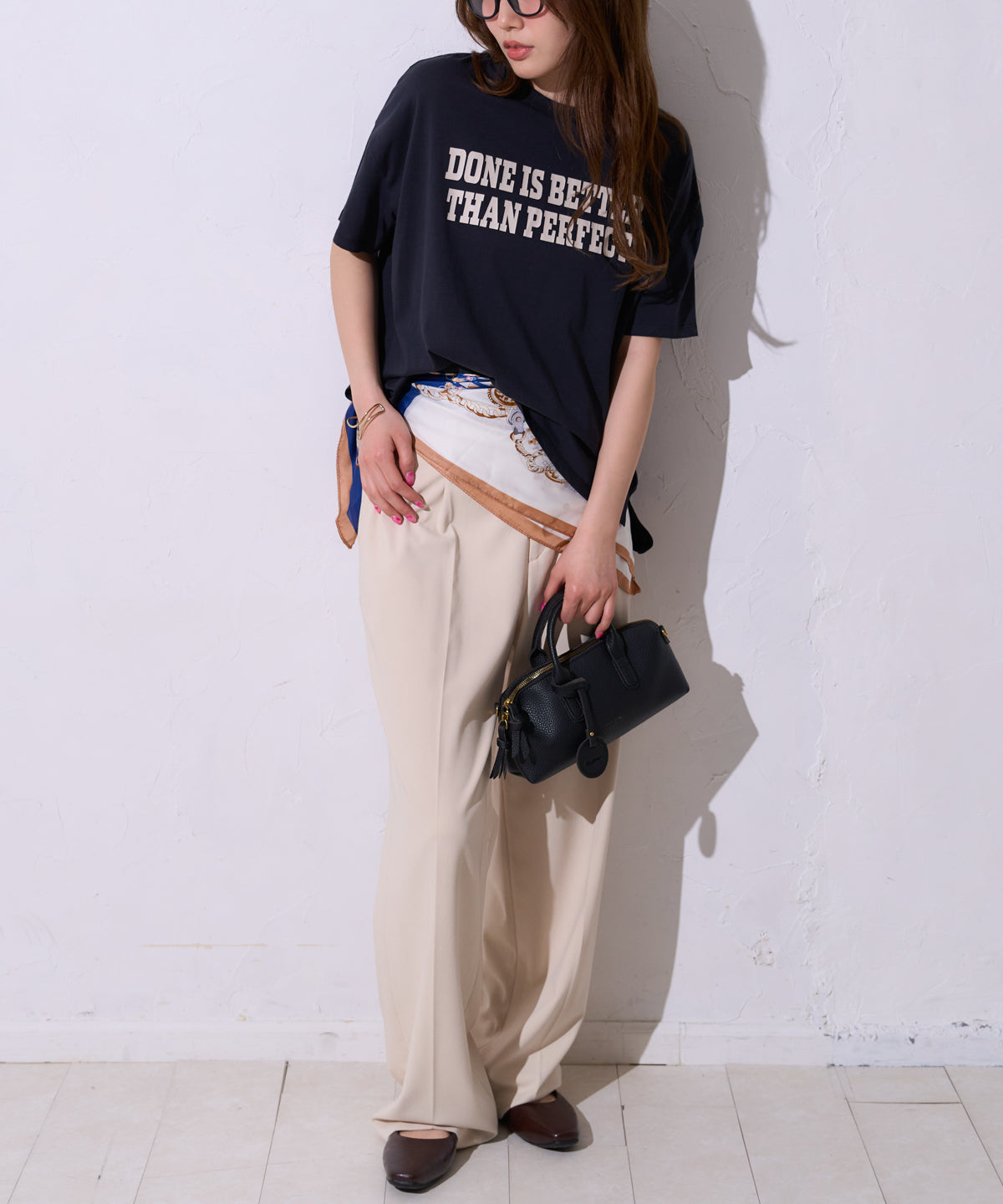 サイロコットン 前後差5分袖ロゴTシャツ