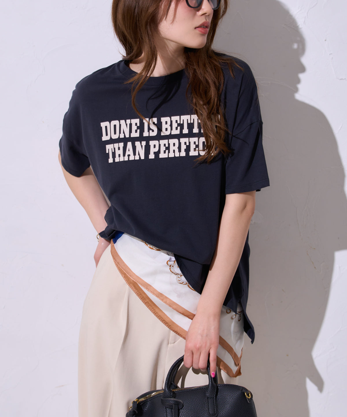 サイロコットン 前後差5分袖ロゴTシャツ