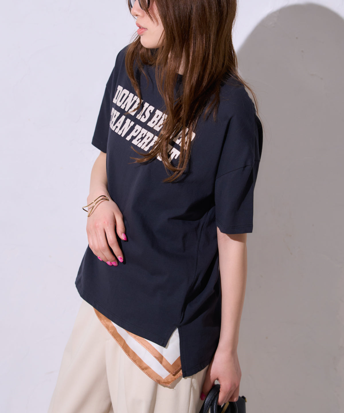 サイロコットン 前後差5分袖ロゴTシャツ