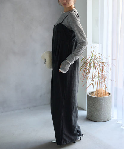 マットサテン タックワイドサロペット