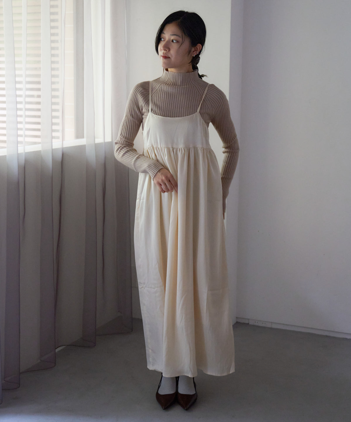 ワッシャーサテンギャザーキャミワンピース