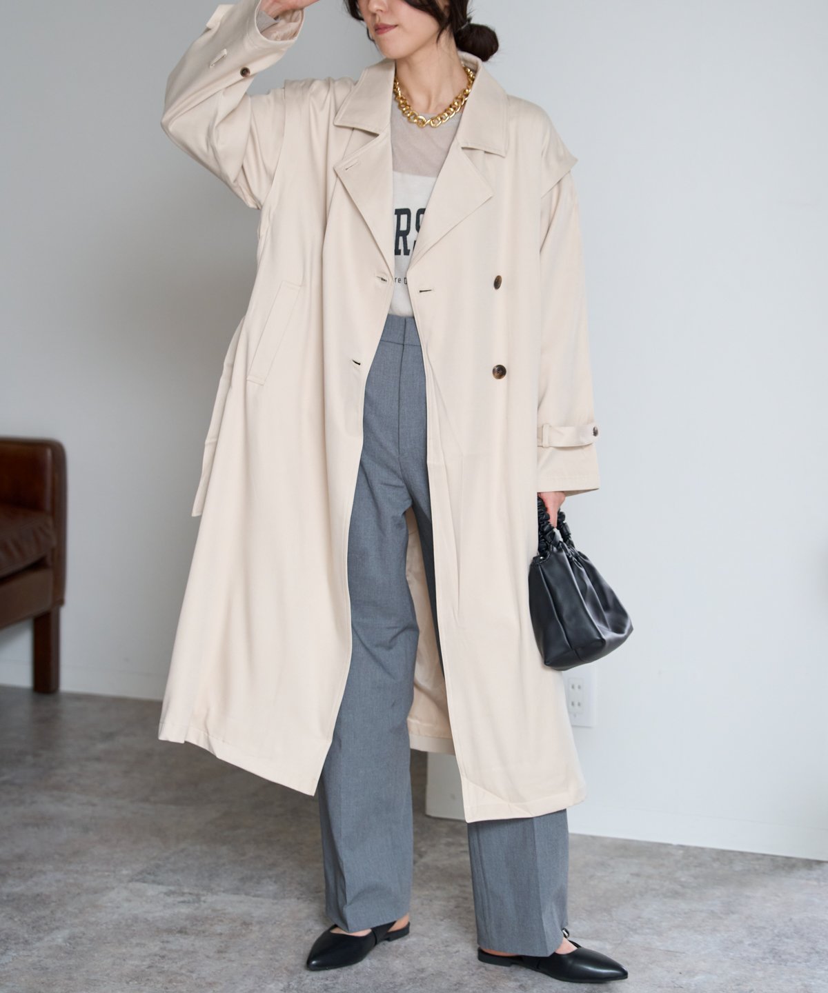 2WAY袖取り外しロングトレンチコート/ロングジレ