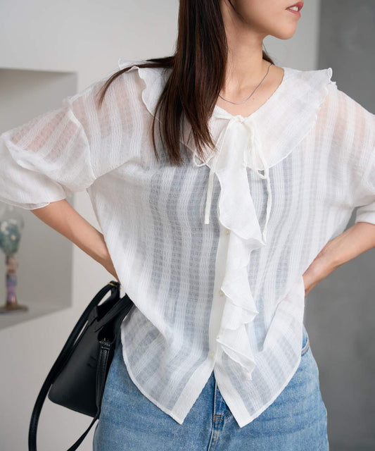長袖シアーラッフルリボンブラウス