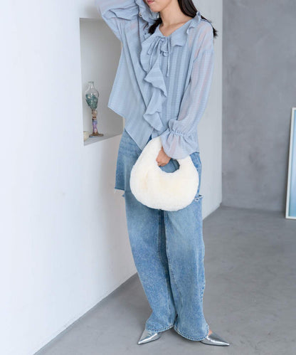 長袖シアーラッフルリボンブラウス
