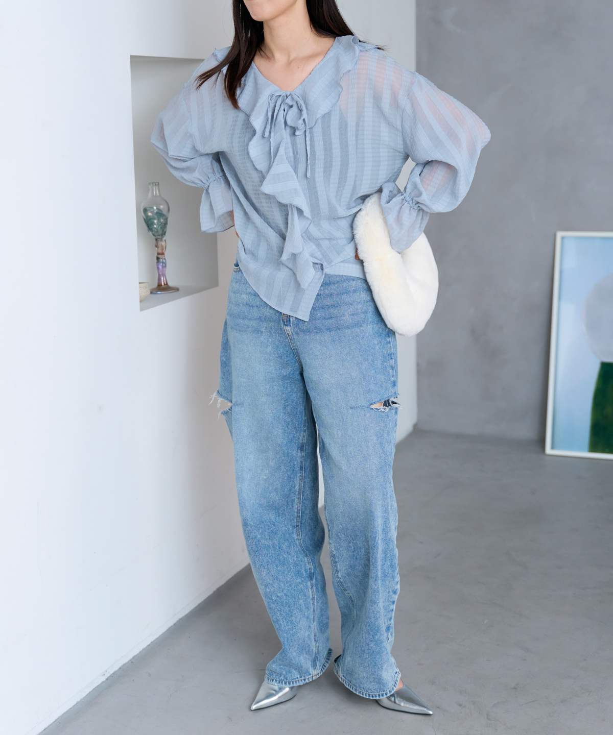 長袖シアーラッフルリボンブラウス