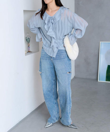 長袖シアーラッフルリボンブラウス